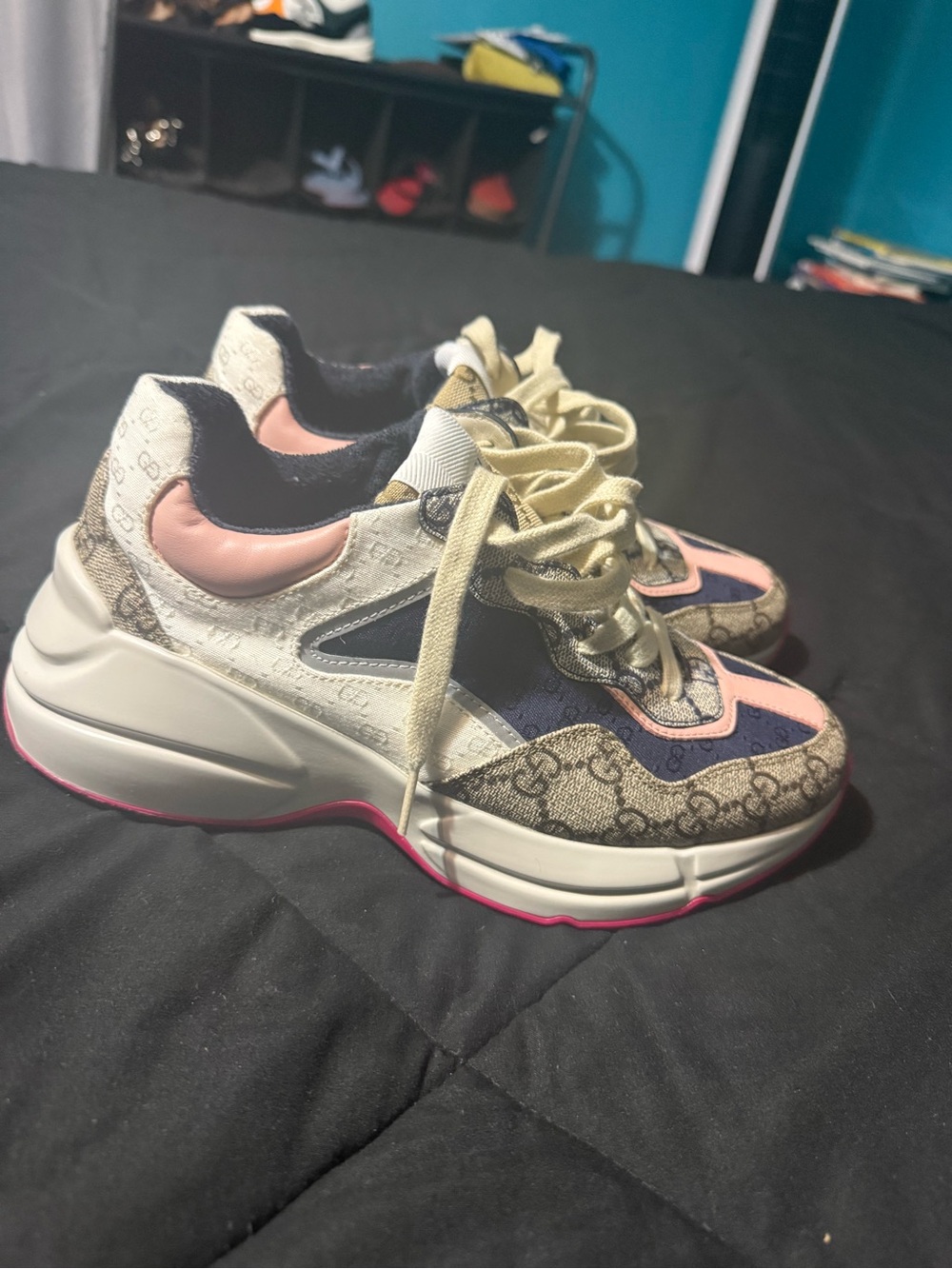 Gucci Rhyton Logo Monogram Chunky Sneakers in Pink, Navy & Beige